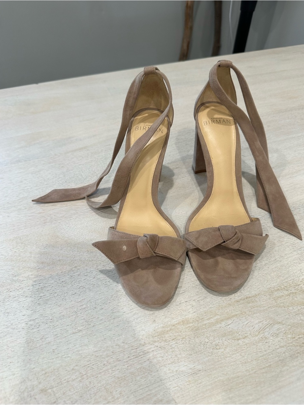 Alexandre Birman Taupe Suede Knot Front Tie-Ankle Block Heels